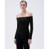 imageSUUKSESS Women Padded Off The Shoulder Tops Ribbed Long Sleeve Shirts Fall BasicBlack