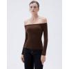 imageSUUKSESS Women Padded Off The Shoulder Tops Ribbed Long Sleeve Shirts Fall BasicBrown