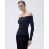 imageSUUKSESS Women Padded Off The Shoulder Tops Ribbed Long Sleeve Shirts Fall BasicNavy Blue
