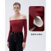 imageSUUKSESS Women Padded Off The Shoulder Tops Ribbed Long Sleeve Shirts Fall BasicWine Red