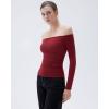imageSUUKSESS Women Padded Off The Shoulder Tops Ribbed Long Sleeve Shirts Fall BasicWine Red