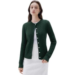 imageSUUKSESS Women Cable Knit Cashmere Sweaters Crew Neck Button Up Chunky Cardigan Long Sleeve Fall OutfitsDark Green
