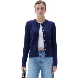 imageSUUKSESS Women Cable Knit Cashmere Sweaters Crew Neck Button Up Chunky Cardigan Long Sleeve Fall OutfitsNavy Blue