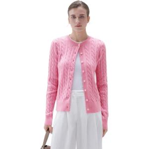 imageSUUKSESS Women Cable Knit Cashmere Sweaters Crew Neck Button Up Chunky Cardigan Long Sleeve Fall OutfitsPink