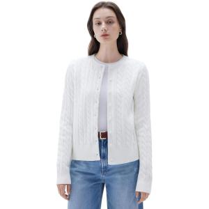 imageSUUKSESS Women Cable Knit Cashmere Sweaters Crew Neck Button Up Chunky Cardigan Long Sleeve Fall OutfitsWhite