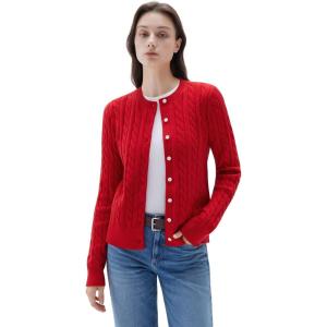 imageSUUKSESS Women Cable Knit Cashmere Sweaters Crew Neck Button Up Chunky Cardigan Long Sleeve Fall OutfitsWine Red