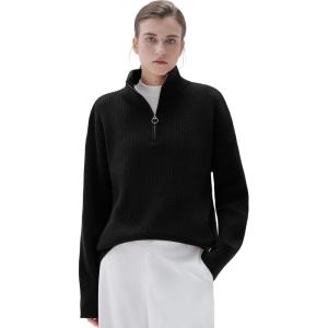 imageSUUKSESS Women Cashmere Oversized Quarter Zip Pullover Sweater Long Sleeve Collared Ribbed Knit Jumper TopsBlack