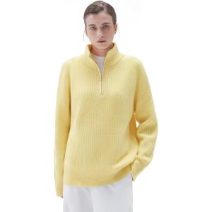 imageSUUKSESS Women Cashmere Oversized Quarter Zip Pullover Sweater Long Sleeve Collared Ribbed Knit Jumper TopsButter Yellow