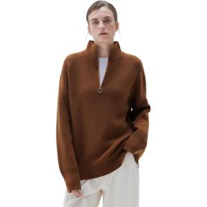 imageSUUKSESS Women Cashmere Oversized Quarter Zip Pullover Sweater Long Sleeve Collared Ribbed Knit Jumper TopsCaramel