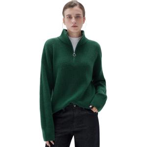 imageSUUKSESS Women Cashmere Oversized Quarter Zip Pullover Sweater Long Sleeve Collared Ribbed Knit Jumper TopsDark Green