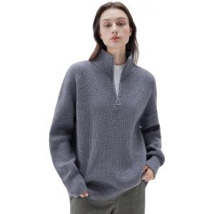 imageSUUKSESS Women Cashmere Oversized Quarter Zip Pullover Sweater Long Sleeve Collared Ribbed Knit Jumper TopsGrey