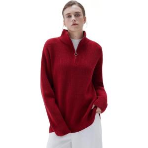 imageSUUKSESS Women Cashmere Oversized Quarter Zip Pullover Sweater Long Sleeve Collared Ribbed Knit Jumper TopsRed