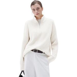 imageSUUKSESS Women Cashmere Oversized Quarter Zip Pullover Sweater Long Sleeve Collared Ribbed Knit Jumper TopsWhite