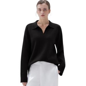 imageSUUKSESS Women Cashmere Oversized V Neck Pullover Sweaters Long Sleeve Collared Knit Jumper TopsBlack