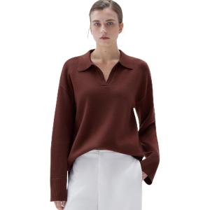 imageSUUKSESS Women Cashmere Oversized V Neck Pullover Sweaters Long Sleeve Collared Knit Jumper TopsBrown