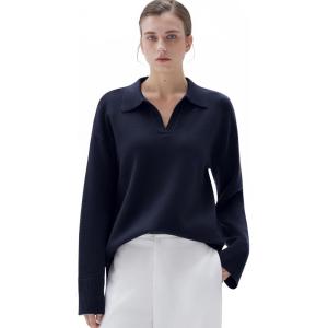imageSUUKSESS Women Cashmere Oversized V Neck Pullover Sweaters Long Sleeve Collared Knit Jumper TopsNavy Blue