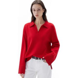 imageSUUKSESS Women Cashmere Oversized V Neck Pullover Sweaters Long Sleeve Collared Knit Jumper TopsRed
