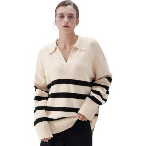 imageSUUKSESS Women Cashmere Oversized V Neck Pullover Sweaters Long Sleeve Collared Knit Jumper TopsWhite Black Stripe