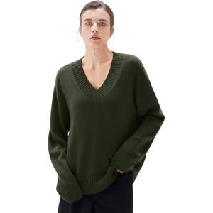 imageSUUKSESS Women Cashmere Oversized V Neck Pullover Sweaters Long Sleeve JumpersArmy Green