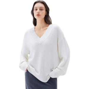 imageSUUKSESS Women Cashmere Oversized V Neck Pullover Sweaters Long Sleeve JumpersCream White