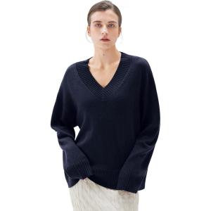imageSUUKSESS Women Cashmere Oversized V Neck Pullover Sweaters Long Sleeve JumpersNavy Blue