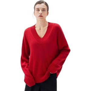 imageSUUKSESS Women Cashmere Oversized V Neck Pullover Sweaters Long Sleeve JumpersTrue Red