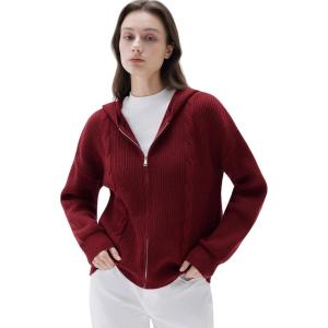 imageSUUKSESS Women Chunky Knit Cashmere Sweaters Zip up Oversized Hoodies Cardigan with Pockets Long Sleeve Fall OuterwearWine Red