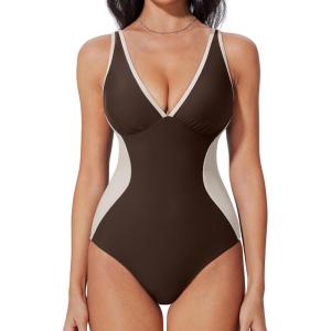 imageSUUKSESS Women One Piece Swimsuit Slimming Tummy Control Deep V Neck Bathing SuitBrown White