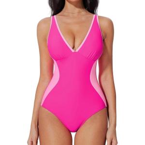 imageSUUKSESS Women One Piece Swimsuit Slimming Tummy Control Deep V Neck Bathing SuitPink Colorblock