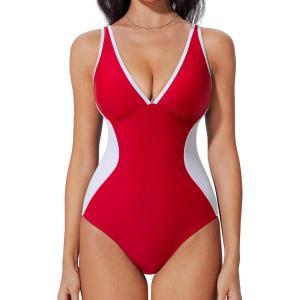 imageSUUKSESS Women One Piece Swimsuit Slimming Tummy Control Deep V Neck Bathing SuitRed