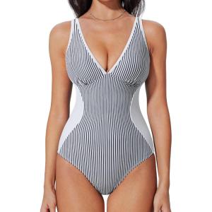 imageSUUKSESS Women One Piece Swimsuit Slimming Tummy Control Deep V Neck Bathing SuitWhite Black Striped