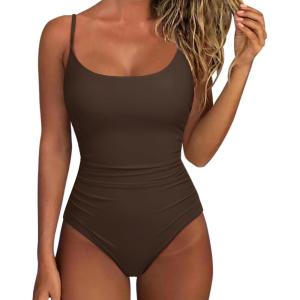 imageSUUKSESS Women One Piece Tummy Control Swimsuit Crisscross Backless Bathing SuitBrown
