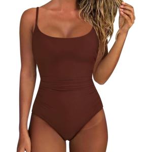 imageSUUKSESS Women One Piece Tummy Control Swimsuit Crisscross Backless Bathing SuitReddish Brown