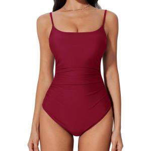 imageSUUKSESS Women One Piece Tummy Control Swimsuit Crisscross Backless Bathing SuitWine Red