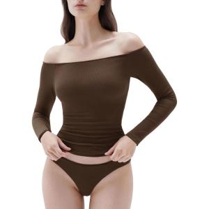 imageSUUKSESS Women Padded Off The Shoulder Tops Ribbed Long Sleeve Shirts Fall BasicBrown