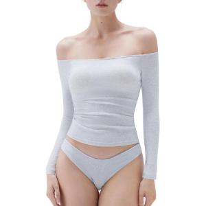 imageSUUKSESS Women Padded Off The Shoulder Tops Ribbed Long Sleeve Shirts Fall BasicGrey