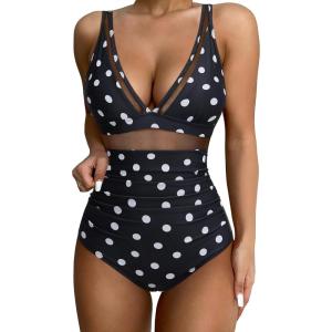 imageSUUKSESS Women Sexy Mesh Tummy Control Swimsuit Push Up High Waisted Bathing Suit10 Black White Polka Dots