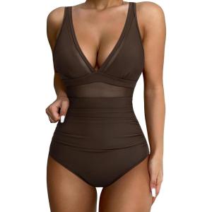 imageSUUKSESS Women Sexy Mesh Tummy Control Swimsuit Push Up High Waisted Bathing Suit10 Deep Brown
