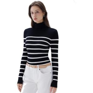 imageSUUKSESS Women Turtleneck Cashmere Sweater Long Sleeve Shirts Fall Basic Thermal Tops Winter ClothesBlack White Stripe