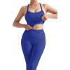 imageSUUKSESS Women 2 Piece Workout Sets Compression Tummy Control Leggings with Pockets Halter Built in Bra Tank TopsBlue