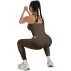 imageSUUKSESS Women 2 Piece Workout Sets Compression Tummy Control Leggings with Pockets Halter Built in Bra Tank TopsBrown