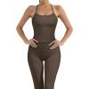 imageSUUKSESS Women 2 Piece Workout Sets Compression Tummy Control Leggings with Pockets Halter Built in Bra Tank TopsBrown