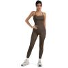 imageSUUKSESS Women 2 Piece Workout Sets Compression Tummy Control Leggings with Pockets Halter Built in Bra Tank TopsBrown