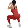 imageSUUKSESS Women 2 Piece Workout Sets Compression Tummy Control Leggings with Pockets Halter Built in Bra Tank TopsRed