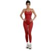 imageSUUKSESS Women 2 Piece Workout Sets Compression Tummy Control Leggings with Pockets Halter Built in Bra Tank TopsRed