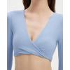 imageSUUKSESS Women 2 Piece Workout Sets Long Sleeve Twist Deep V Crop Padded Tops Yoga Leggings with Side PocketsBaby Blue