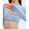 imageSUUKSESS Women 2 Piece Workout Sets Long Sleeve Twist Deep V Crop Padded Tops Yoga Leggings with Side PocketsBaby Blue