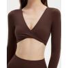 imageSUUKSESS Women 2 Piece Workout Sets Long Sleeve Twist Deep V Crop Padded Tops Yoga Leggings with Side PocketsDark Brown