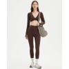 imageSUUKSESS Women 2 Piece Workout Sets Long Sleeve Twist Deep V Crop Padded Tops Yoga Leggings with Side PocketsDark Brown