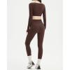imageSUUKSESS Women 2 Piece Workout Sets Long Sleeve Twist Deep V Crop Padded Tops Yoga Leggings with Side PocketsDark Brown